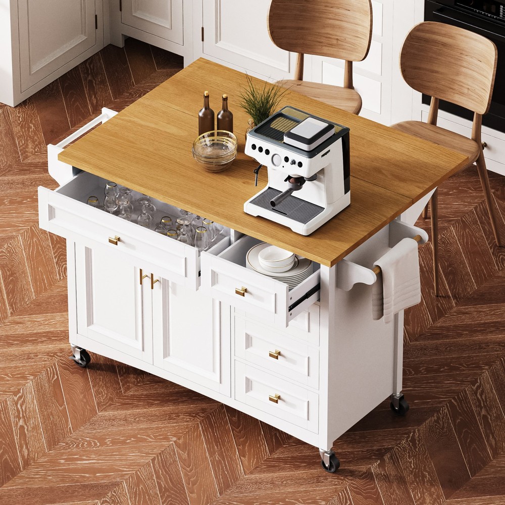 K&K 52'' Kitchen Island with Drop Leaf, Embossed Texture Kitchen Island on Whe