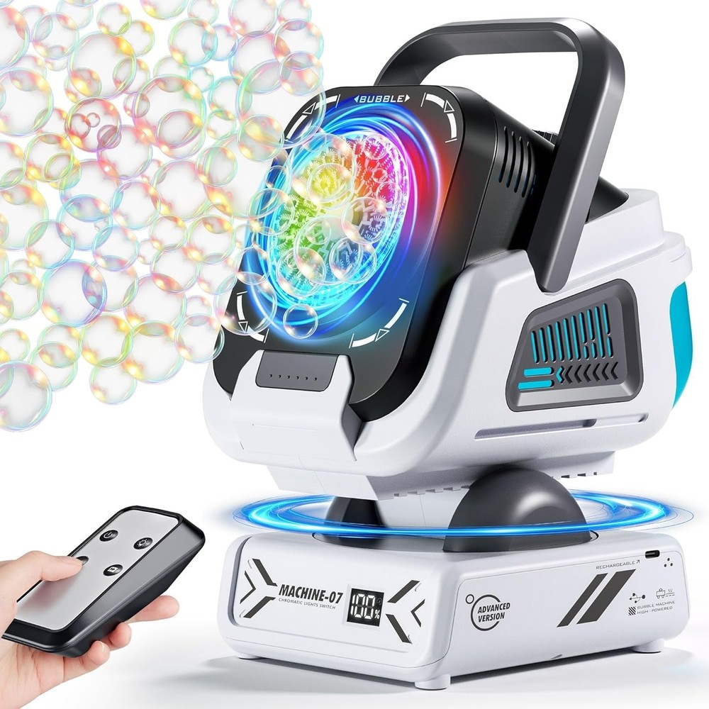 2025 Upgraded Bubble Machine with Remote Control, Automatic Rotation & RGB Light
