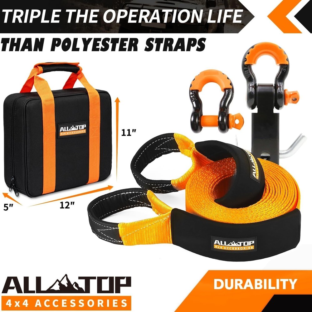 Robust 3" x 20' Nylon Recovery Strap with Lightweight Rust-Proof Hitch Receiver