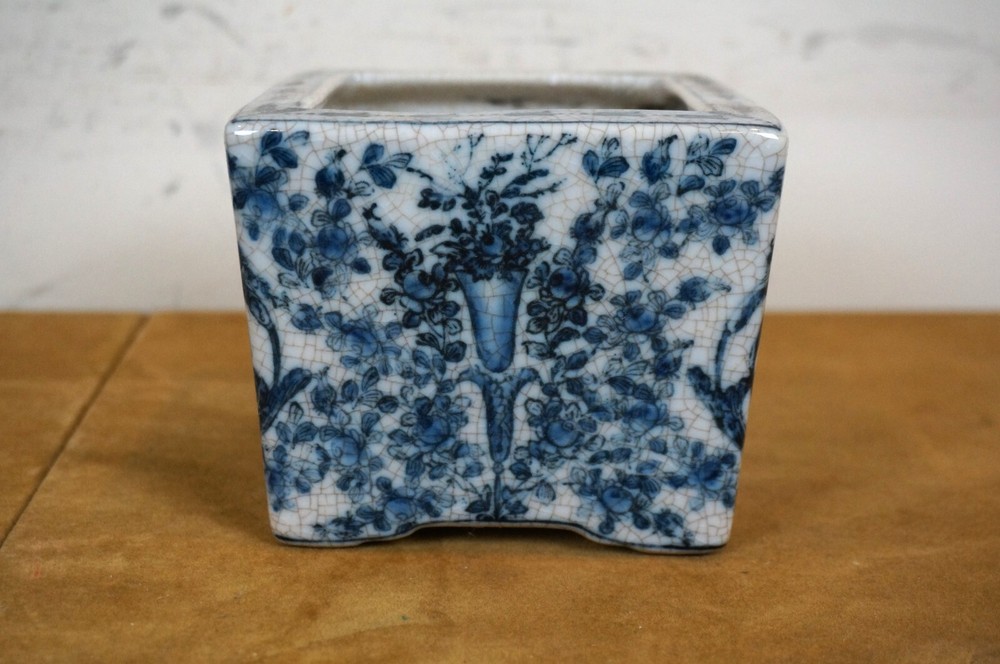United Wilson Blue & White Rectangular Planter & Underplate Cache Pot Vase 6"