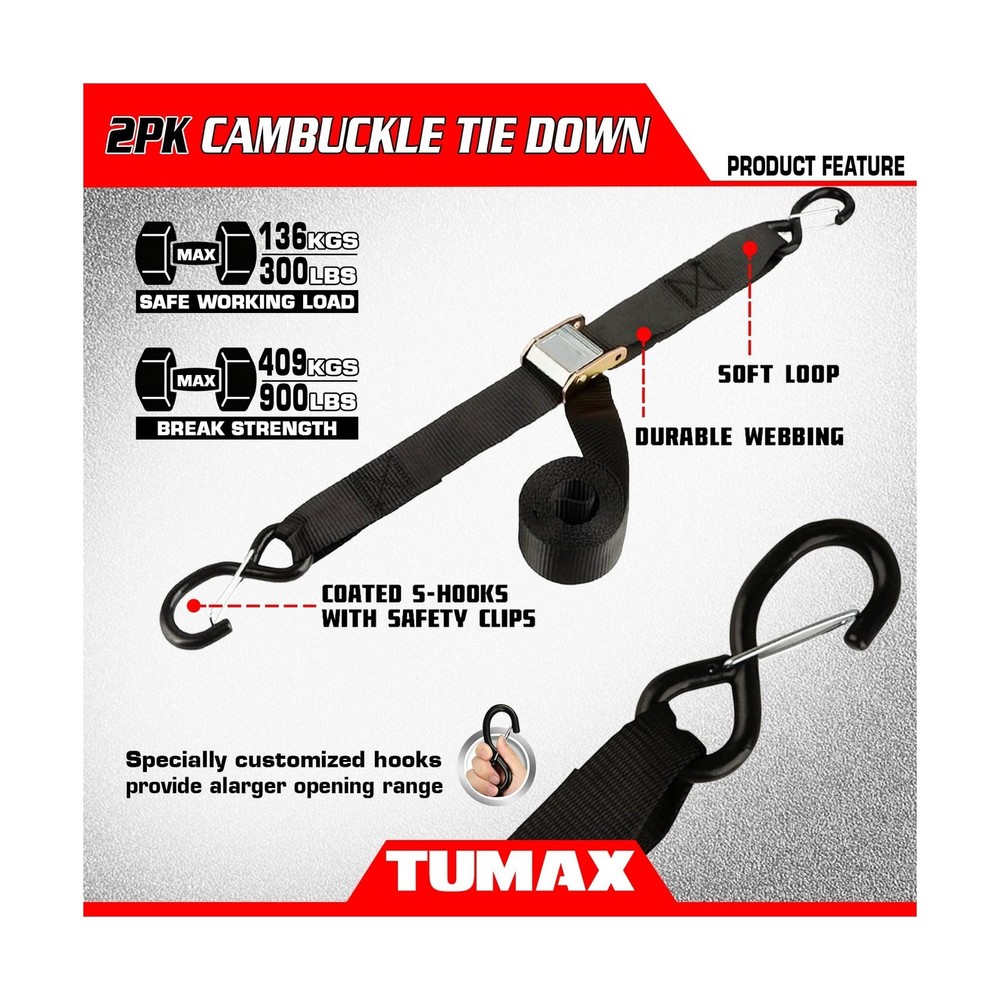 Tie Down Strap Cambuckle Strap - 2500lbs Break Strength, 1.5 in x 8ft Cargo S...