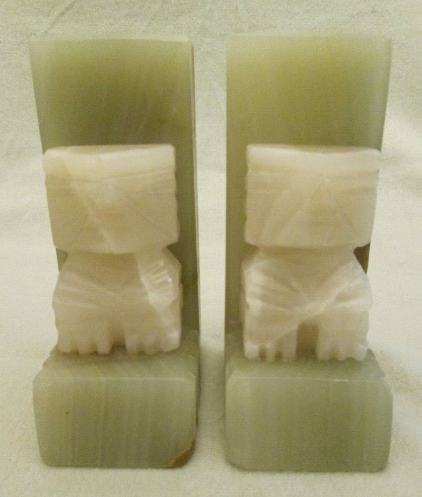 Vintage Carved Onyx Bookends - Aztec Mayan