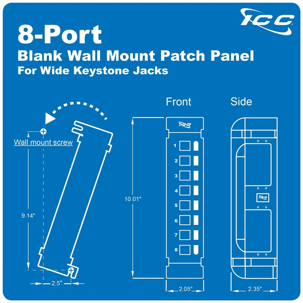 ICC 8 Port Blank Keystone Patch Panel with 89U Wall Mount Bracket, Works with...