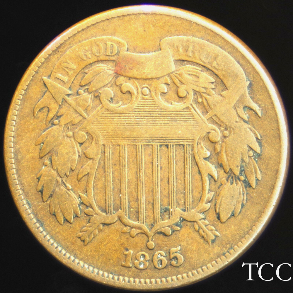 1865 TWO CENT PIECE ~ EXCELLENT ORIGINAL COIN ~ PLAIN 5 ~ TCC