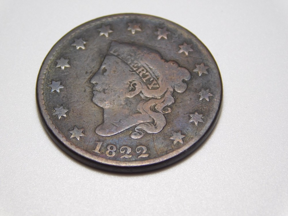 OLD US COPPER COINS 1822 CORONET HEAD LARGE CENT