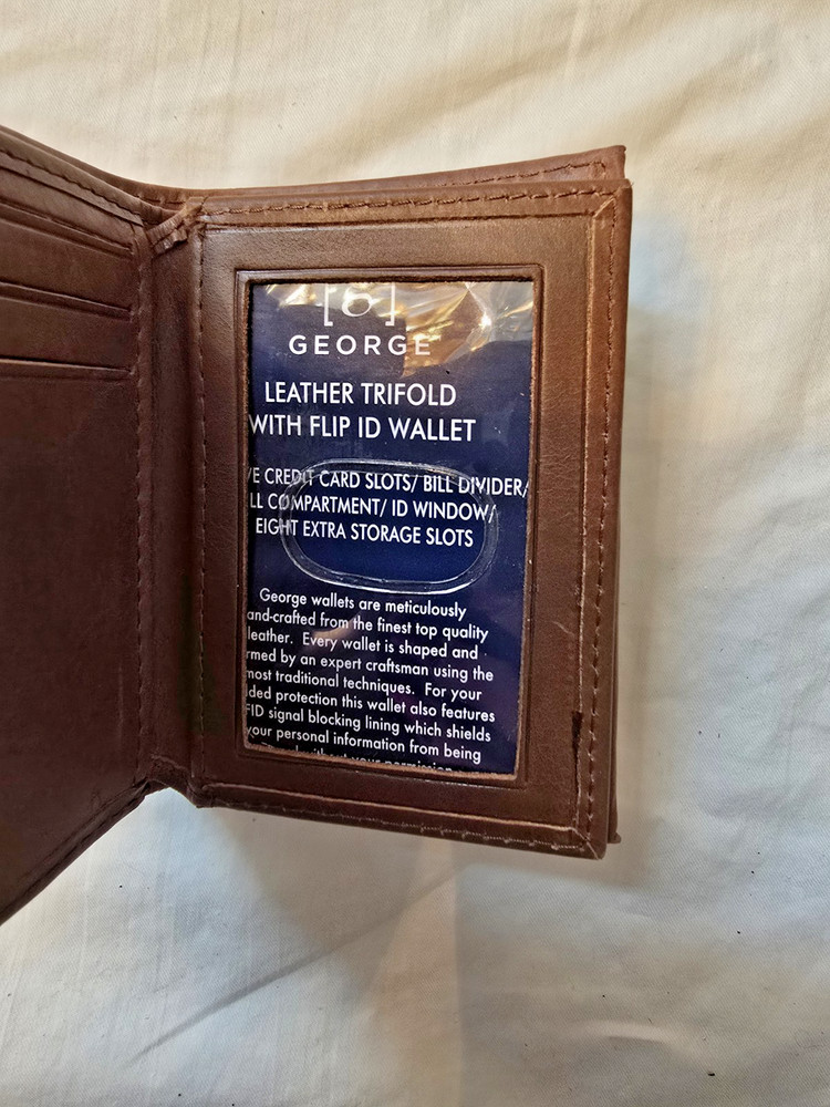 GEORGE LEATHER RFID PROTECTED TRI-FOLD LEATHER WALLET BROWN NEW
