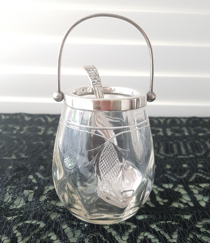 Small jam jar with silver plate hinged handle Community marked Spoon 9.5cm