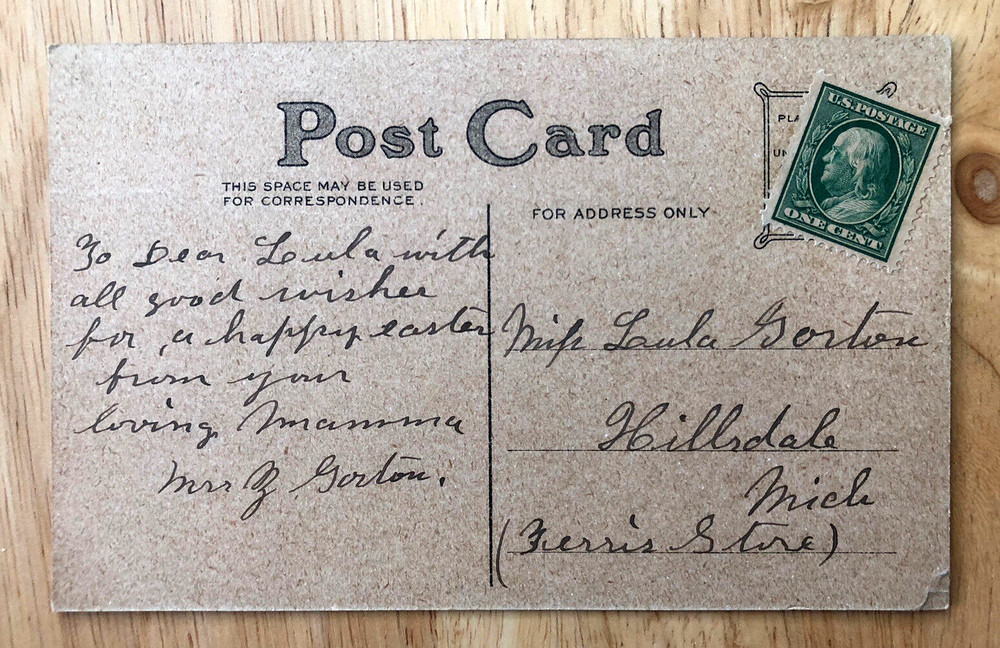 ANTIQUE US 1908 BENJAMIN FRANKLIN 1 CENT GREEN STAMP ON POSTCARD UNCANCELLED