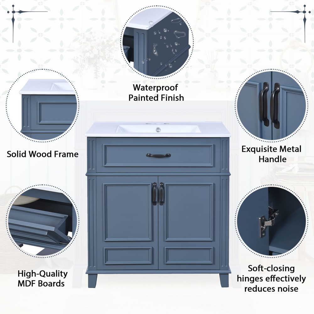 30'' Bathroom Vanity with Ceramic Sink,Solid Wood Frame Bathroom Storage Cabinet