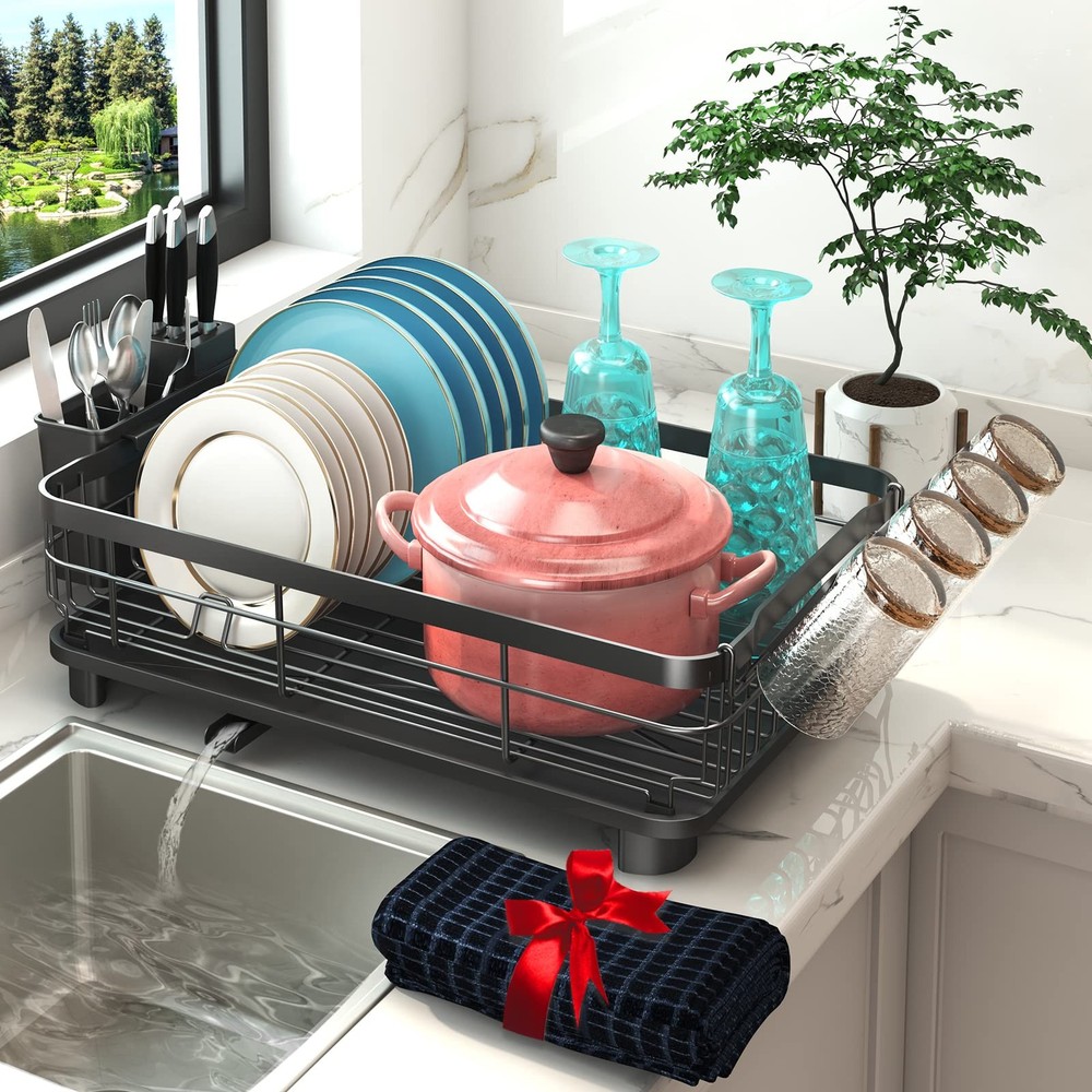 Dish Drying Rack, Dish Rack with Auto-Drain & Mat, Dish Drainers for Kitchen ...