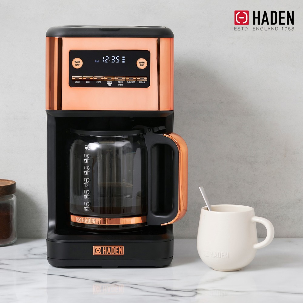 Haden Generous Brew 14 Cup Programmable Digital Coffee Maker Pot, Black/Copper