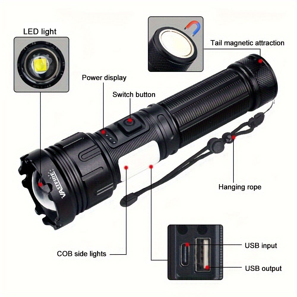 Super Bright LED Flashlight Zoomable Torch USB Rechargeable COB Side Soft Light