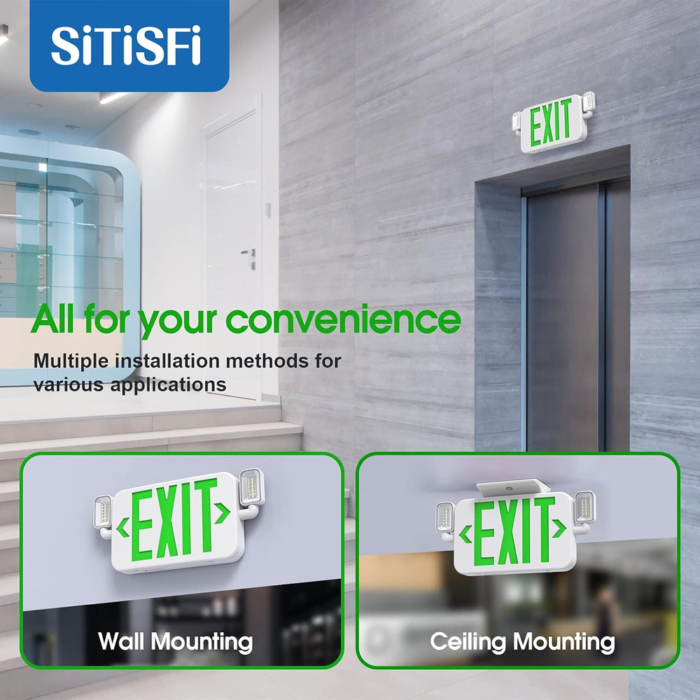 Led Combo Emergency Exit Sign Light with Two Adjustable Head Lights and Backup B