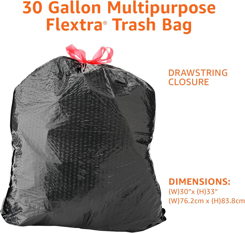 Flextra Multipurpose Drawstring Trash Bags, 30 Gallon, 50 Count