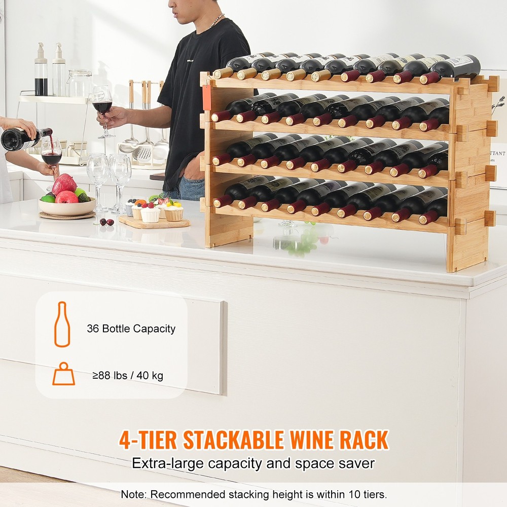 48-Bottle Stackable Bamboo Wine Rack, 6-Tier Modular Display Shelf