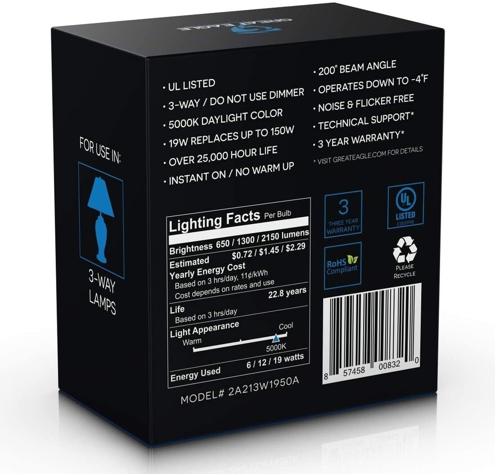 Great Eagle 50/100/150W Replacement 3-Way A21, 2700K/3000K/4000K (2 pk)