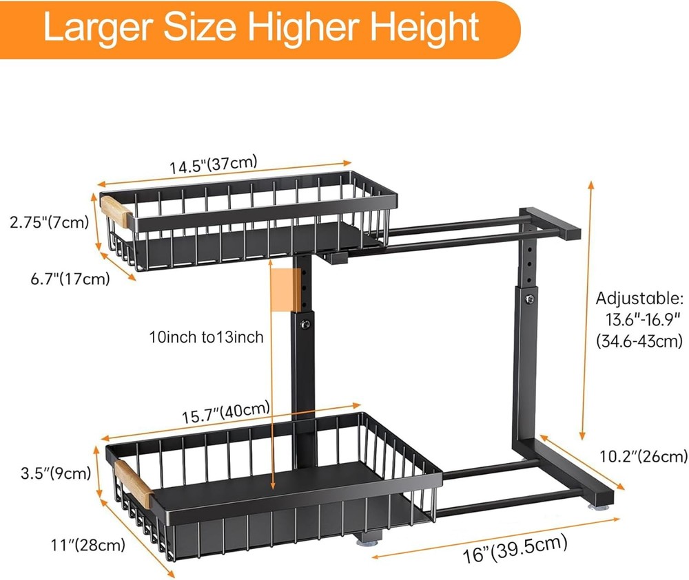 Under Sink Organizer Adjustable Height 2 Tier Pull Out Under Cabinet Organizer