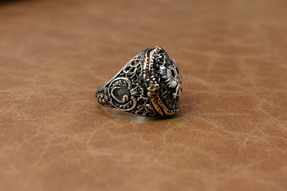 Handmade 925 Sterling Silver Men's Ring Double Eagle Pattern Size : 8 US MAN