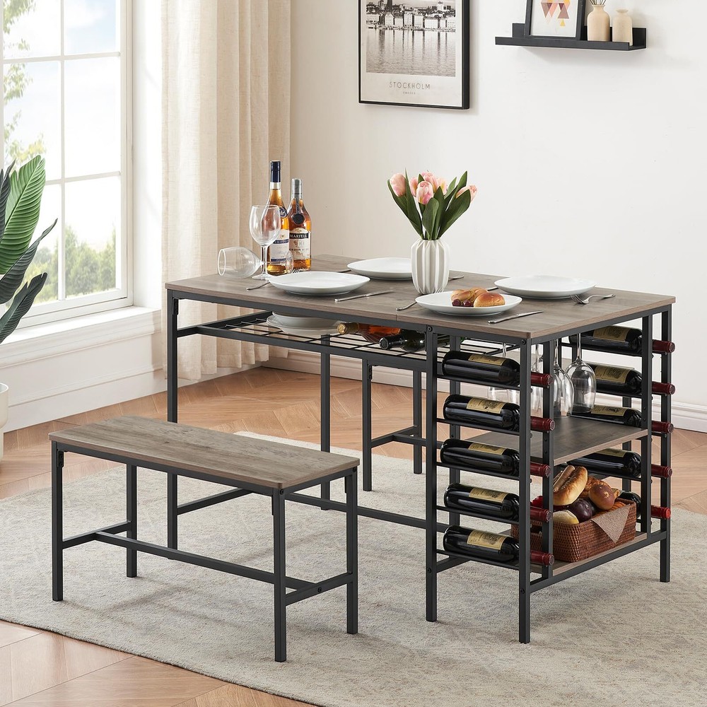 Dining Table Set for 4 Kitchen Table & 2 Benches ,Wine Rack, Storage Shelf ,Grey