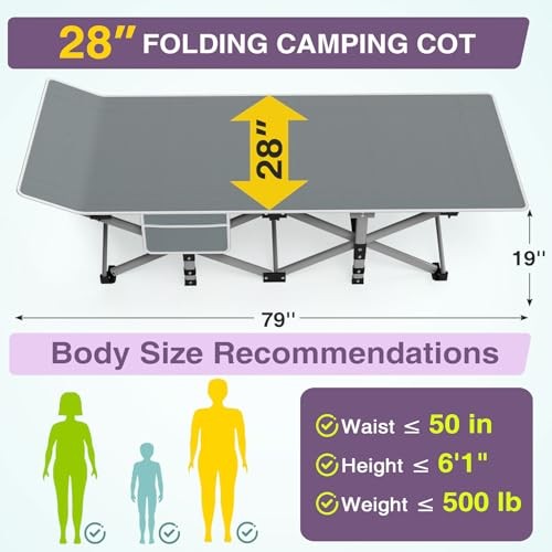 28In Folding Camping Cot Basic - 75x28x15" Gray Cot + Purple Gray Pad(update)