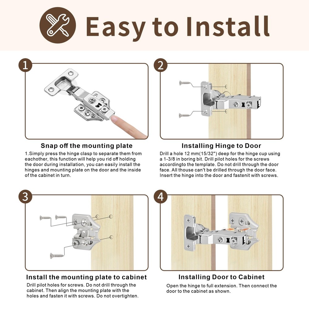 20 Pack Full Overlay Soft Close Cabinet Hinges 105° Frameless 3 Way Adjustabl...