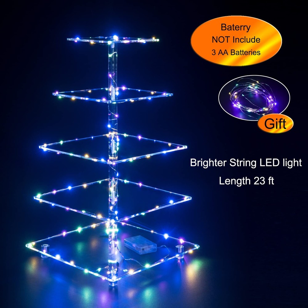 OLACHIKKO 5-Tier Square Cupcake Stand with LED Light String - Acrylic Display