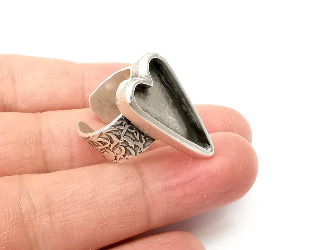 Heart Ring Blank Settings, Cabochon Mounting, Adjustable Antique Silver G33651