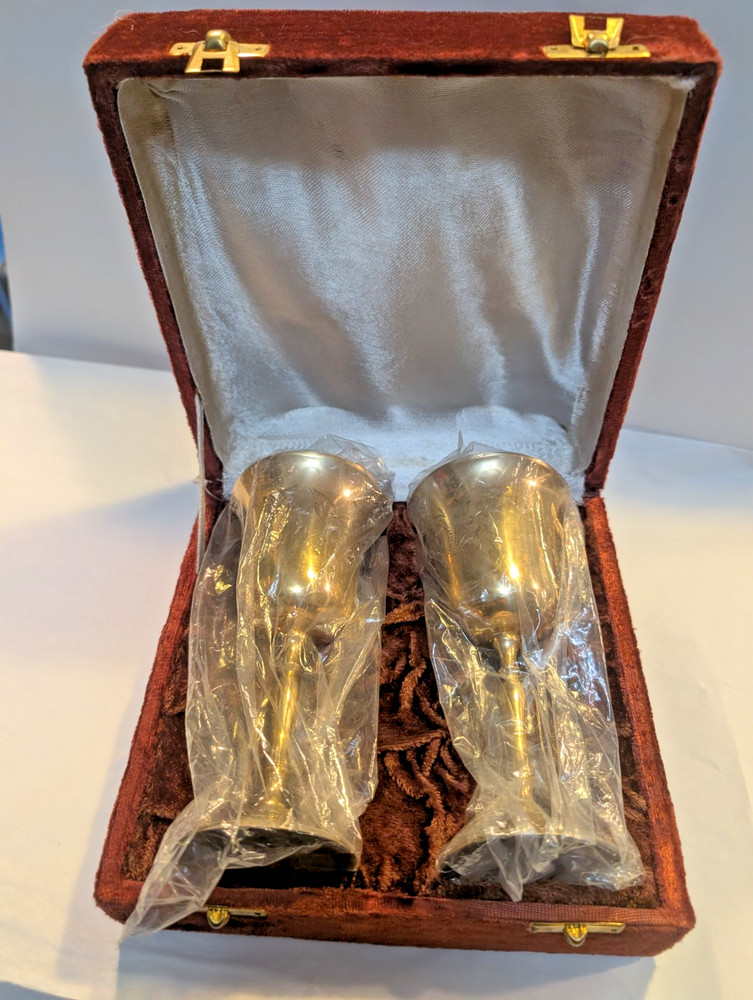 Vintage Etched Solid Brass Couples Toast Wine Goblets in Velvet Case. Nice