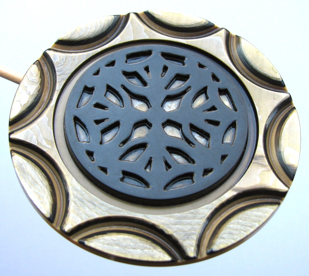 Extra Large Celluloid Wafer Button Laminated Layered Carved with Ornate Pattern