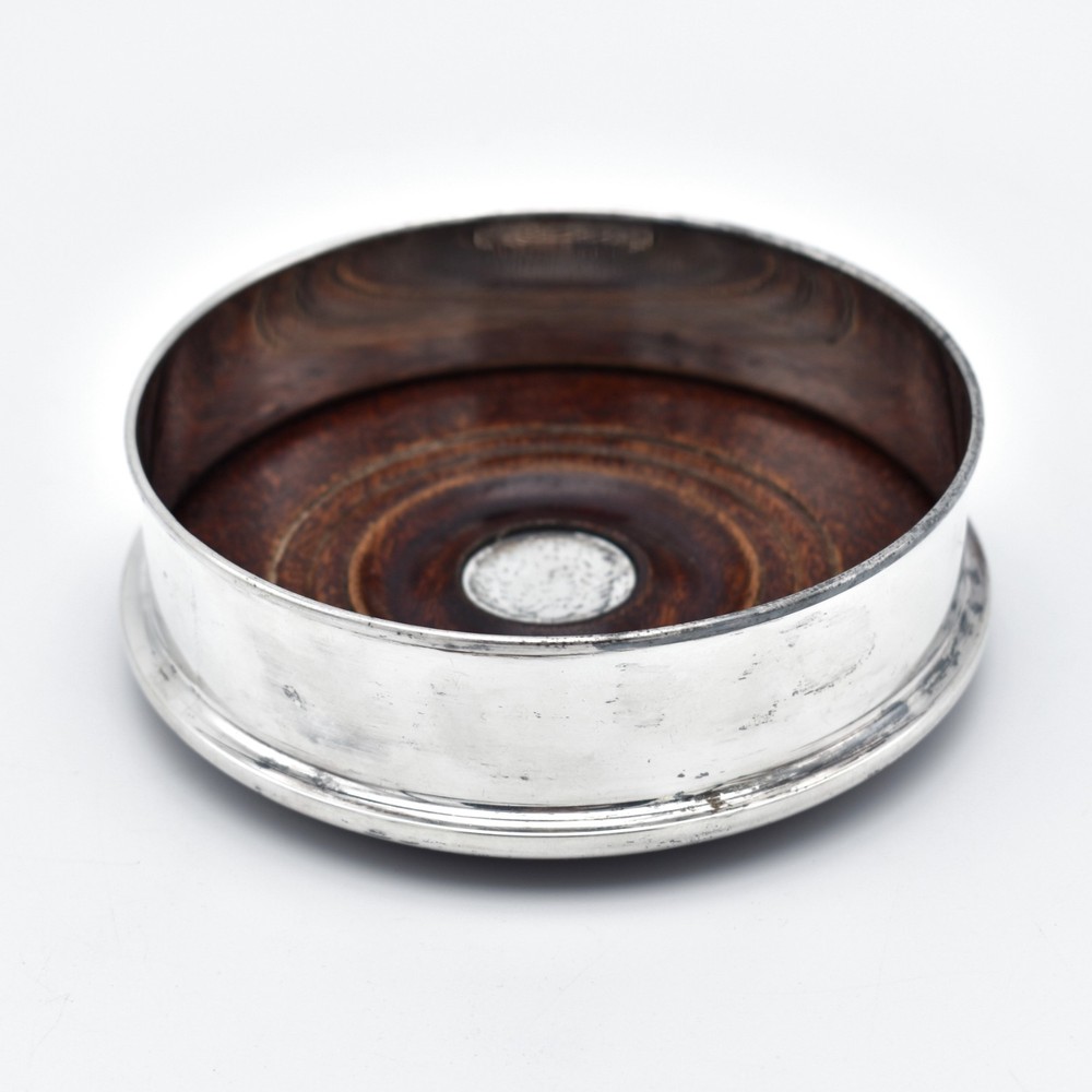 Antique Silver Plated Turned Wood Bottle Coaster