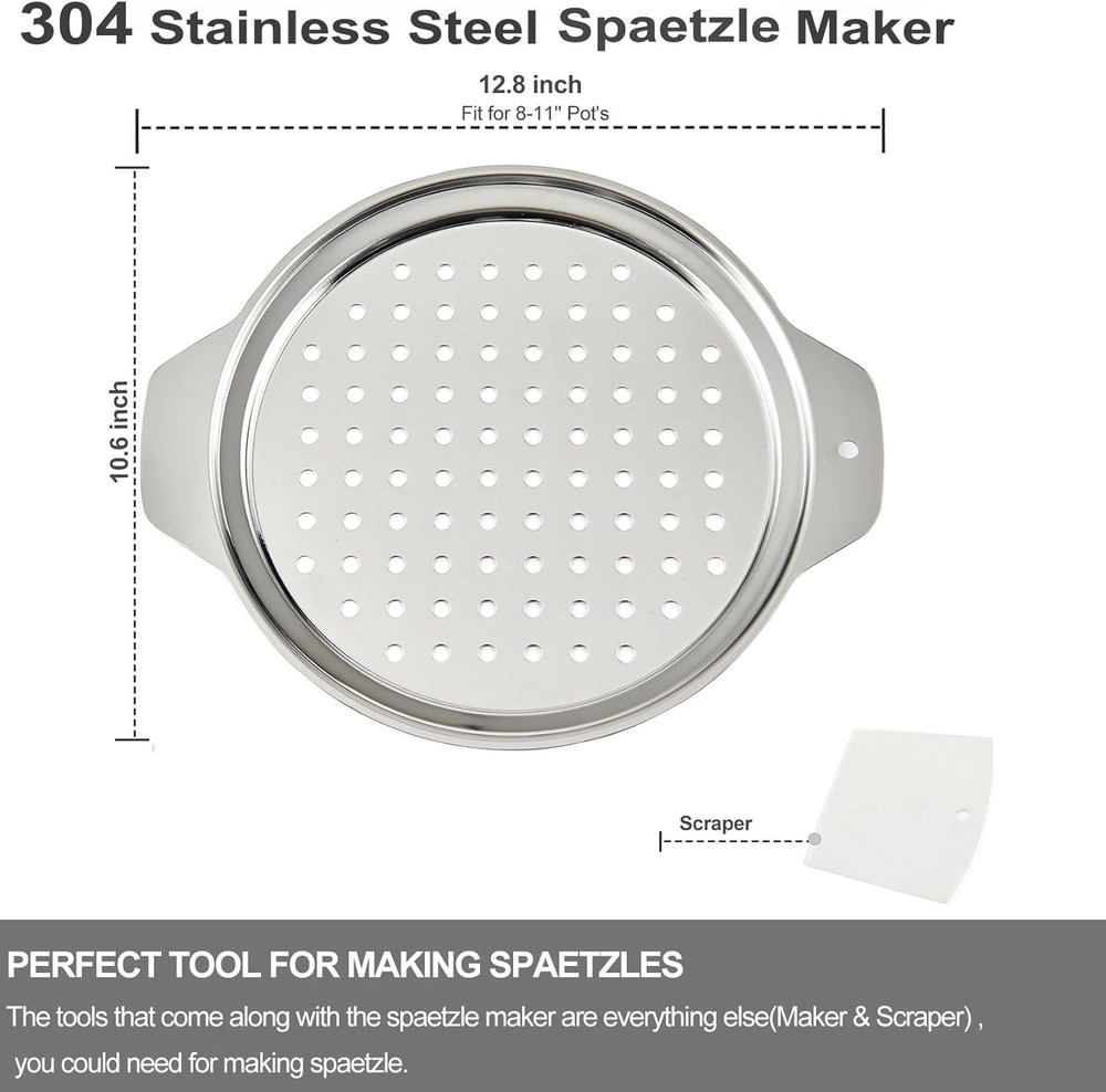 Premium Stainless Steel Spaetzle Maker Lid with Scraper, Traditional Silver