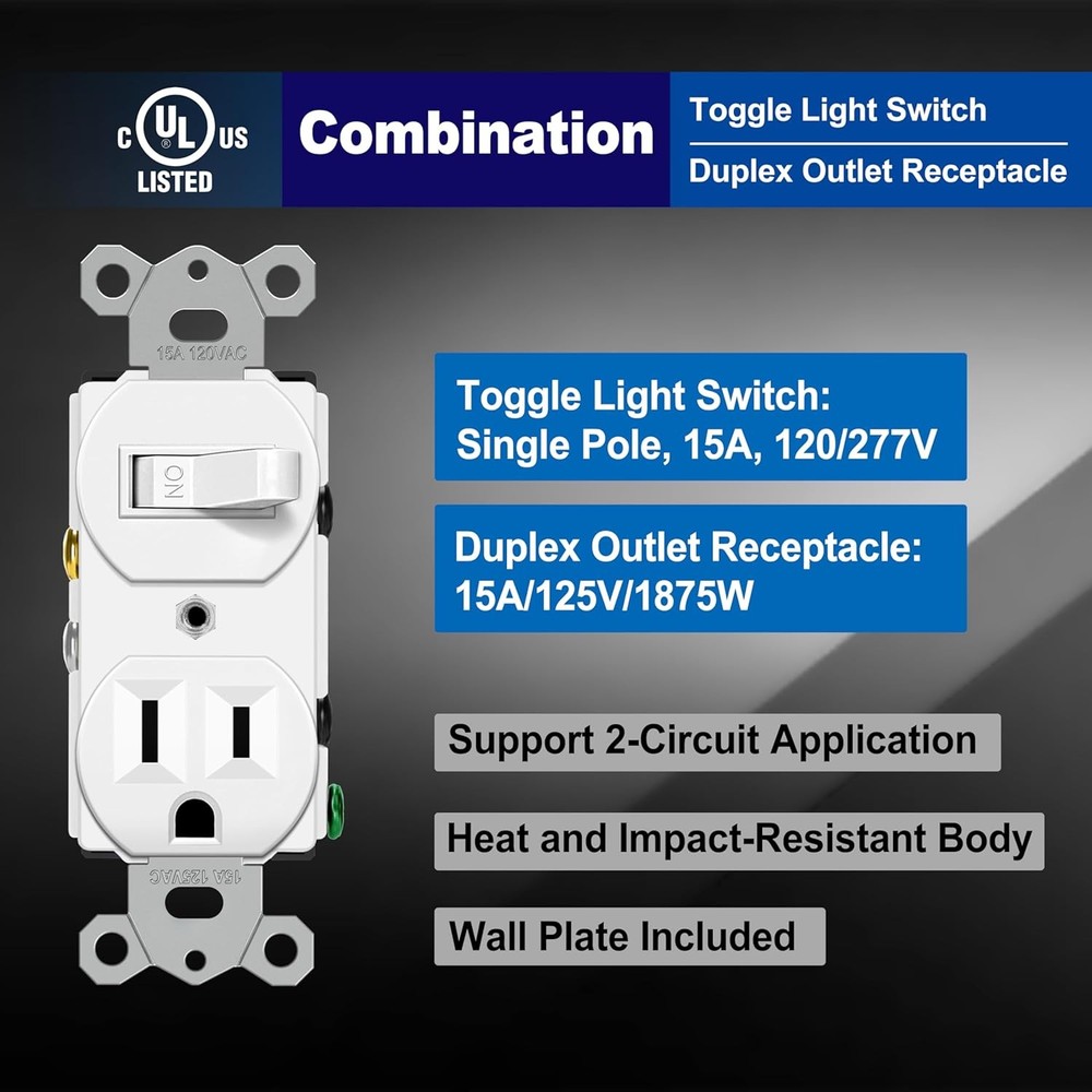 2 Pack Combination Toggle Light Switch and Duplex Receptacle Outlet, Single Pole