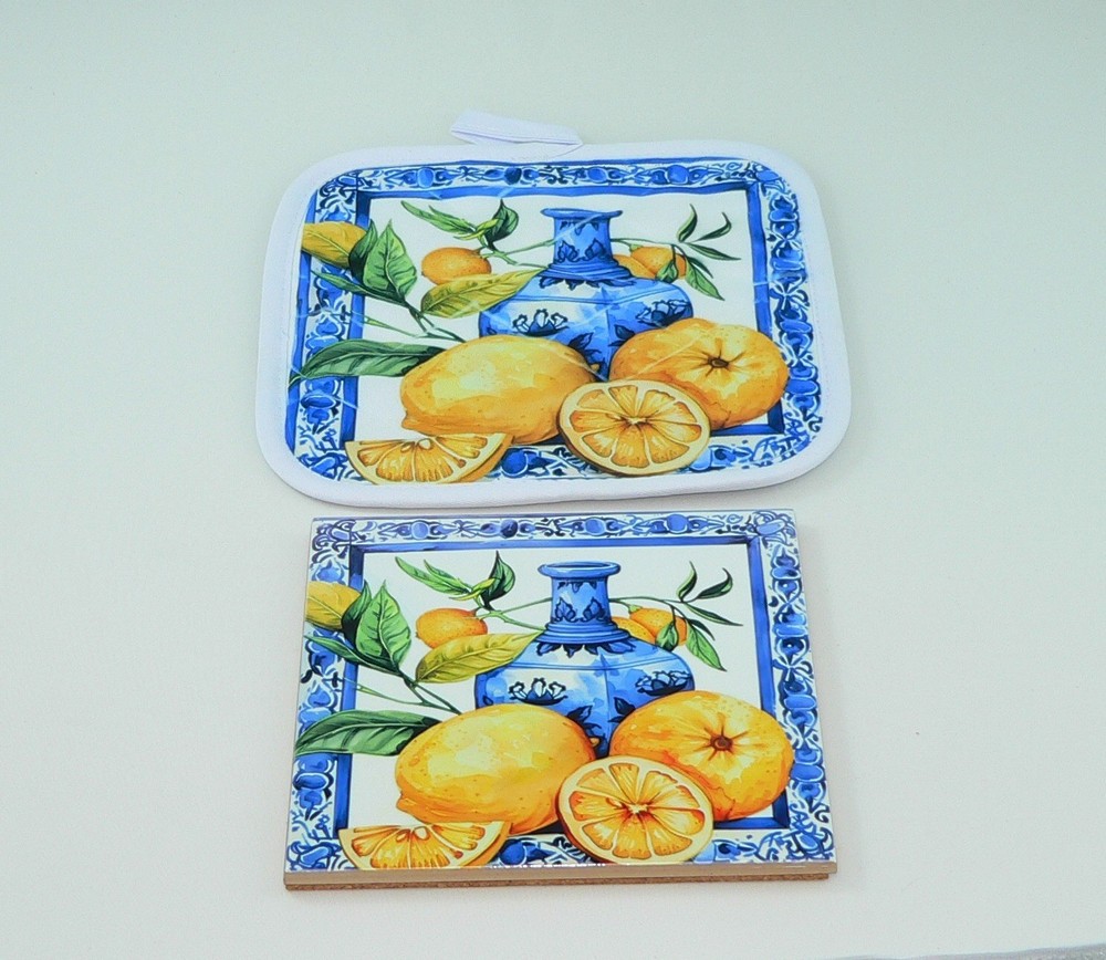 Handmade Mediterranean Lemon Quilted Potholder | 7x7 Kitchen Trivet Decor