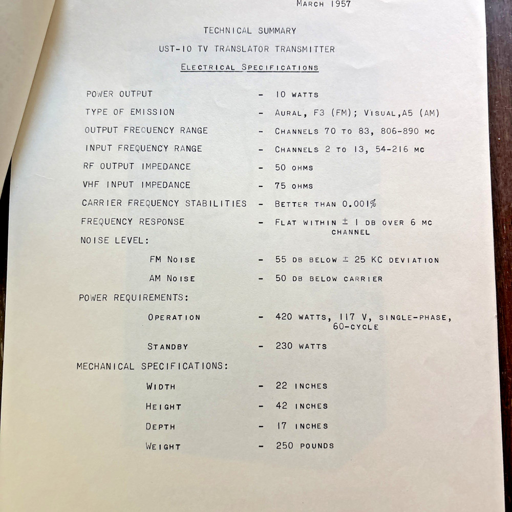 1957 Adler Electronics UST-10 Translator Transmitter Descriptive Paperwork 6 Pg