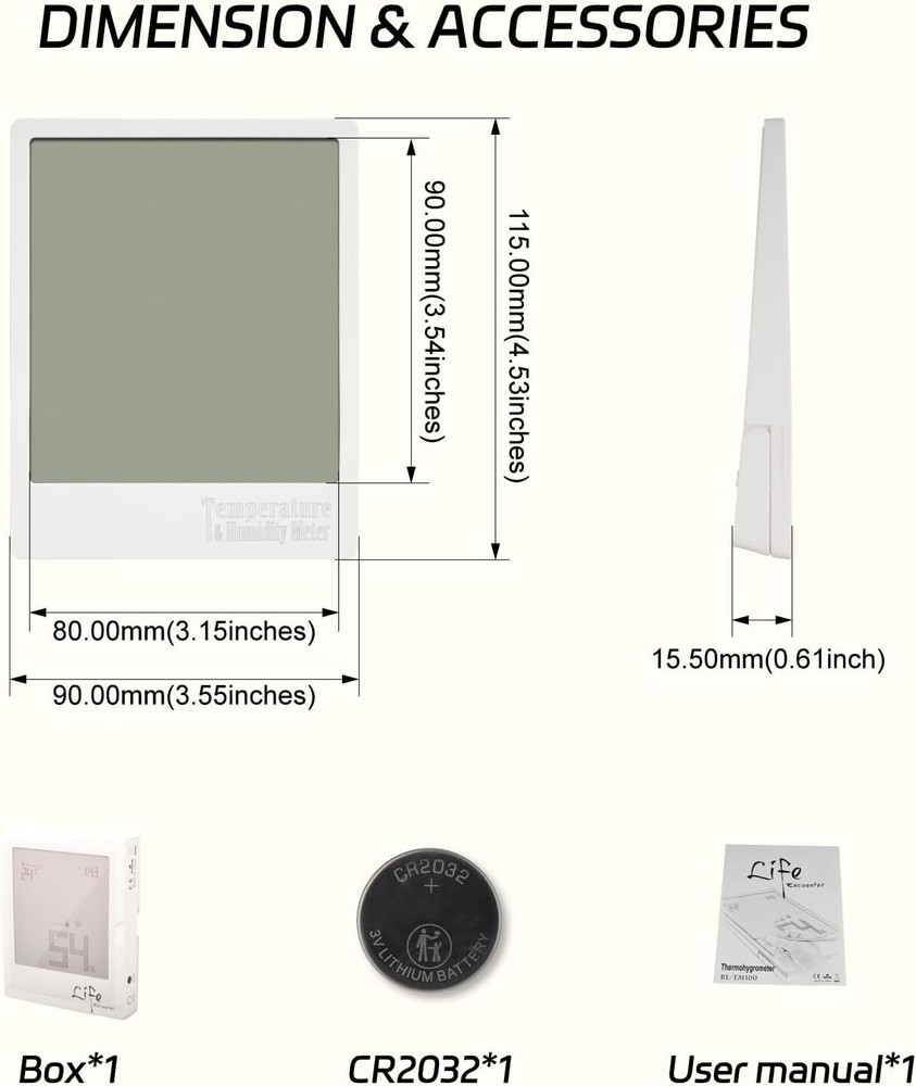 Digital Temperature & Humidity Meter, Big Digits Display, 12/24 Hours Clock