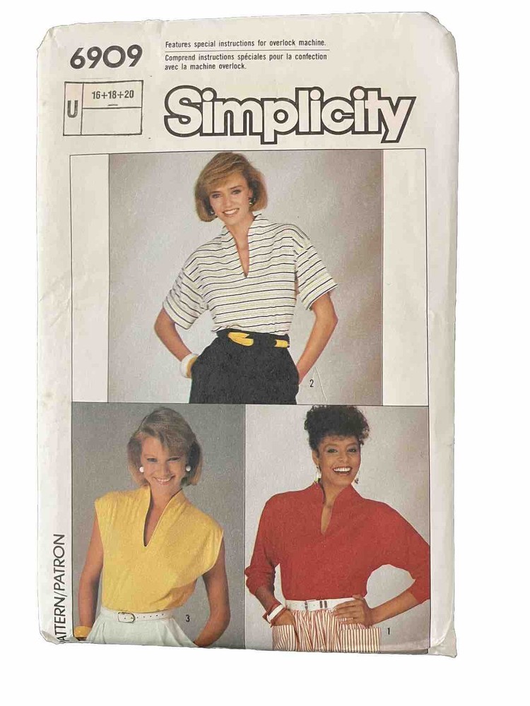 6909 SIMPLICITY Top Pullover Stretch Knits Funnel V Neck Easy PATTERN Size 16 18