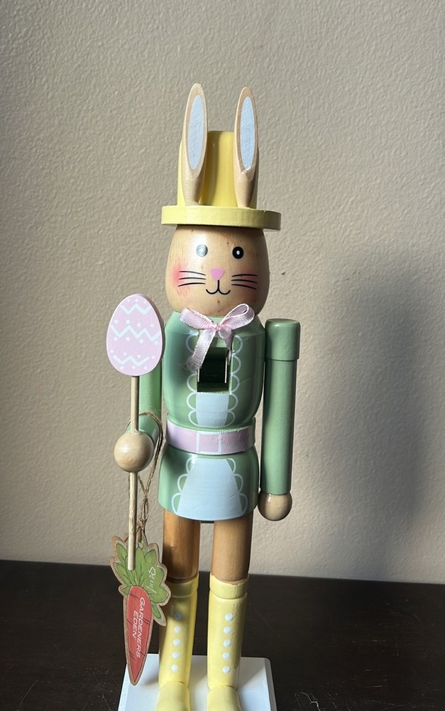 New Wood Nutcracker Easter Bunny Rabbit Spring Pastel Decor 14” Tall