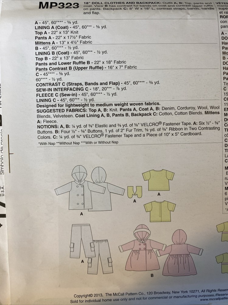 18” Doll Clothes Sewing Pattern Butterick MP323