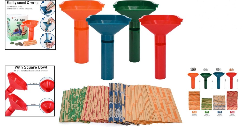 Professional Coin Sorting Set: 150 Wrappers & 4 Color-Coded Tubes for Easy Use