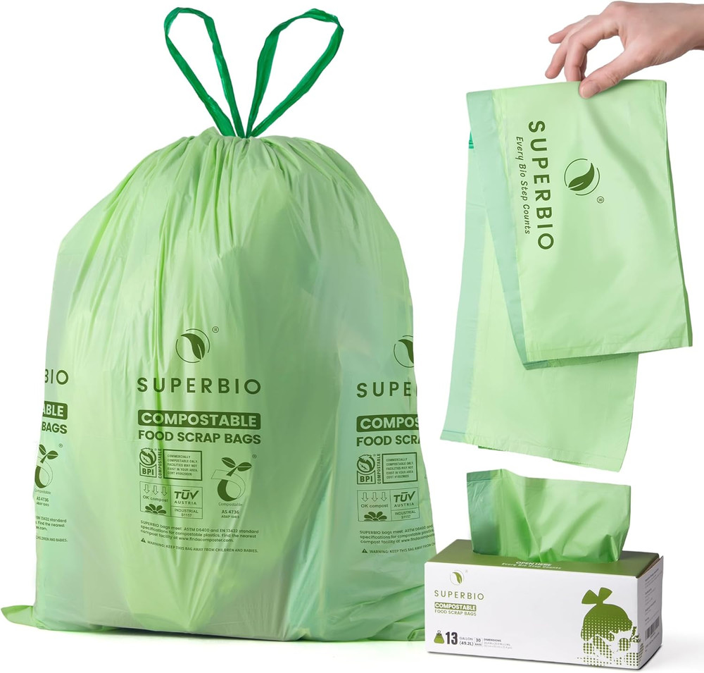 13 Gallon Compostable Drawstring Kitchen Waste Bag, 49.2 Liter, 30 Count,1 Mil,