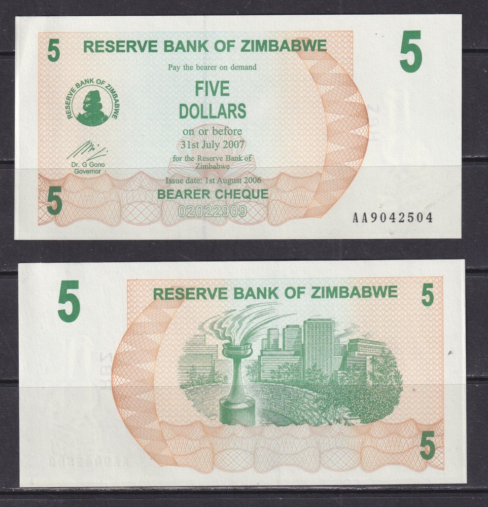 ZIMBABWE - 2007 5 Dollars UNC Banknote
