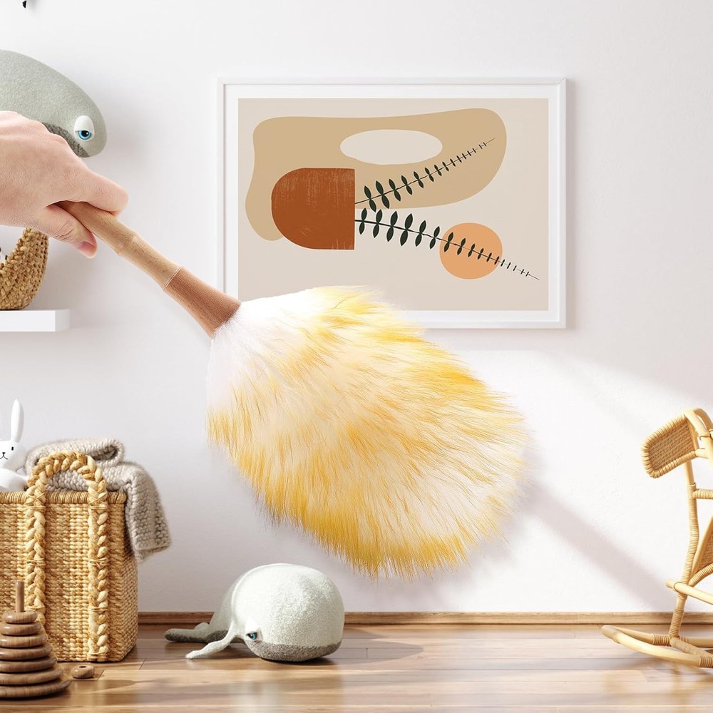 Feather Duster Lambswool Duster Cleaning,with Solid Wooden Handle,Leather Hang