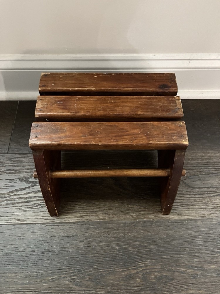 Vintage Handcrafted Oak Wood Step Stool Primitive Distressed Solid Foot Bench