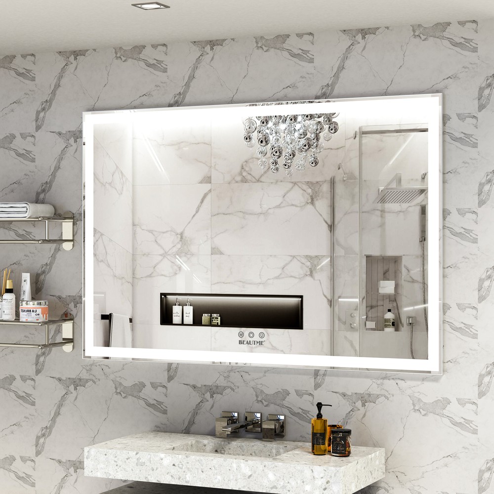 60"x40" LED Rectangle Bathroom Mirror Mirror Wall Mounted Silver Aluminum Frame