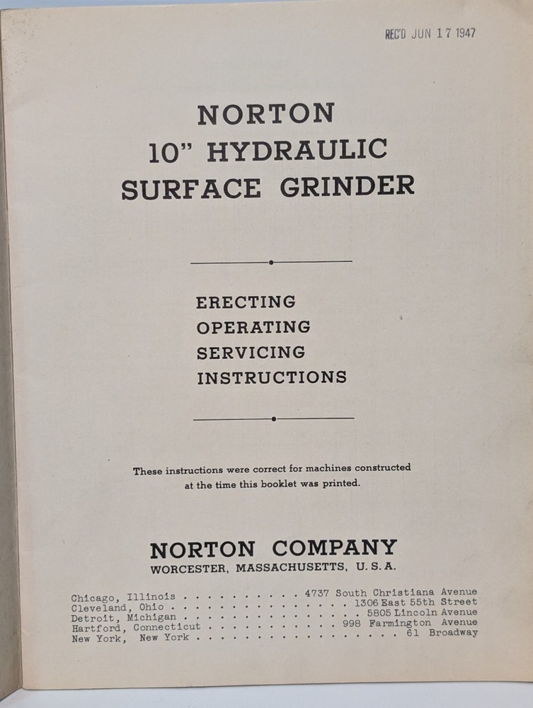 Norton 10" Hydraulic Surface Grinder Manual for Erecting, Operating, & Servicing