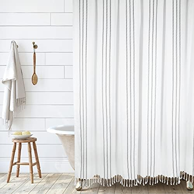 HALL & PERRY Modern Transitional White Stripe Shower Curtain with Tassels - Vert