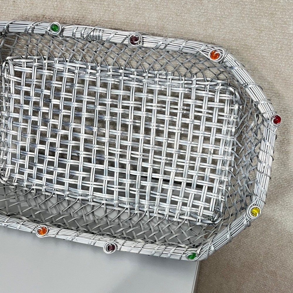Dary Rees Silver Woven Wire Basket with Colorful Jewels Rectangular