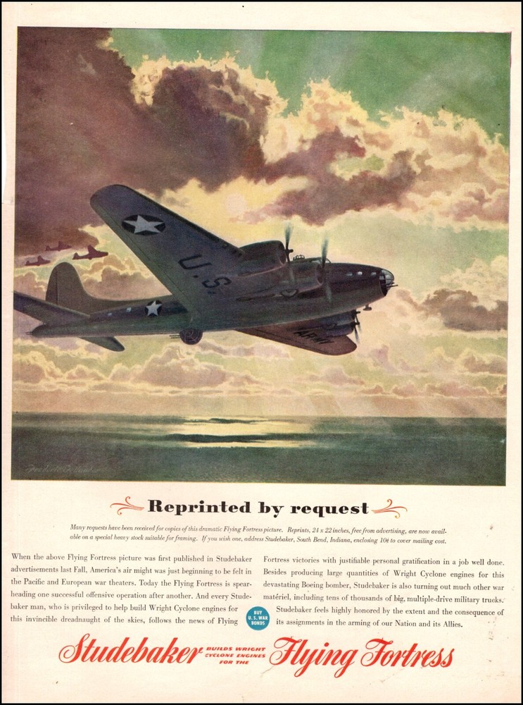 1945 WW2 Ad STUDEBAKER Builds Wright Cyclone Engines For Flying Fortress  012625