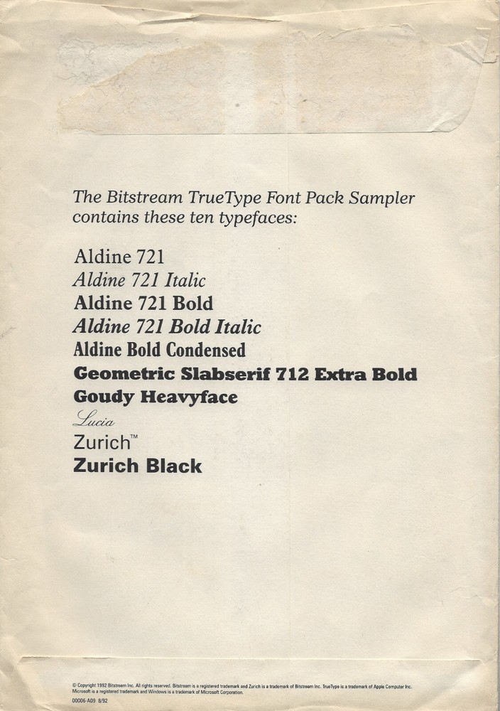 Bitstream TrueType Font Pack Sampler - 10 typefaces * 3.5 & 5.25 discs