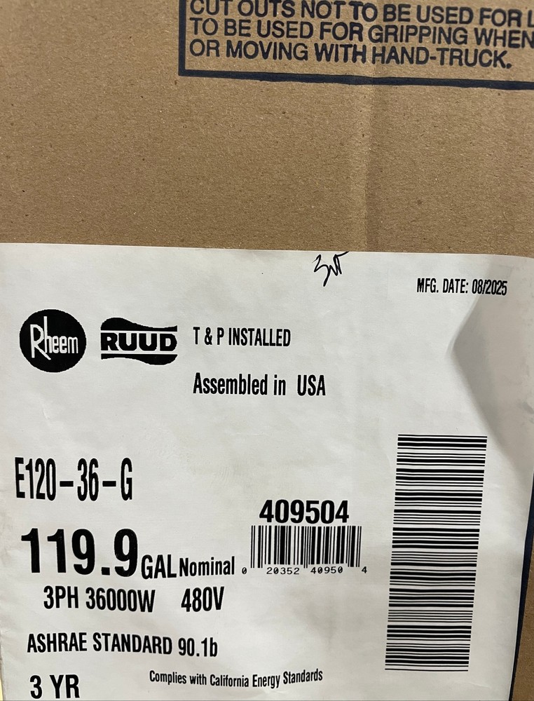 RHEEM 120 Gallon 36KW 480V 3-PH Commercial Electric Water Heater E120-36-G #2